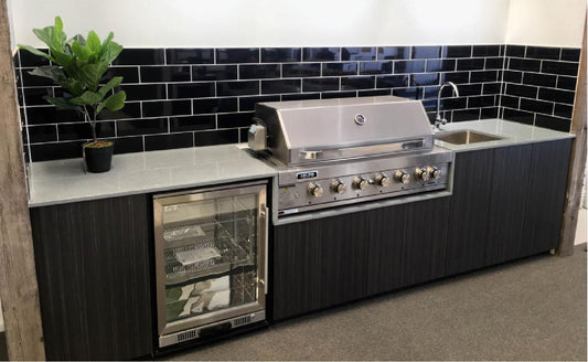 10 ft Modern Stainless Steel Designer Black Outdoor Kitchen with 44 inch Grill, Sink and Refrigerator