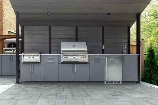 11 ft Modern Powder Coated Grey Designer Outdoor Kitchen, Griddle, Grill, Fridge and Sink Cabinets