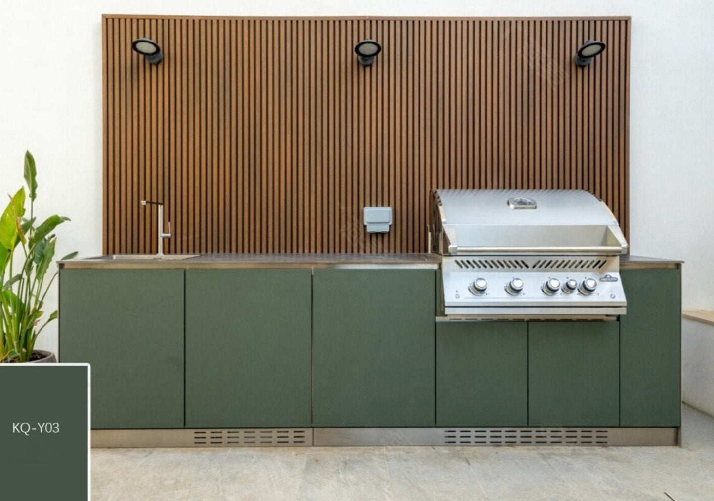 124 inch Dark Green Sunzout Designer Series Modular Outdoor Kitchen, 34 in 4 Burner Grill, 24 inch Refrigerator, Sink