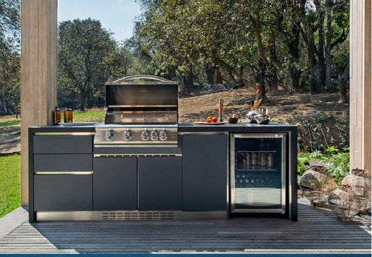 8ft Designer Series Charcoal Steel Outdoor Kitchen, 32 inch Grill and Refrigerator