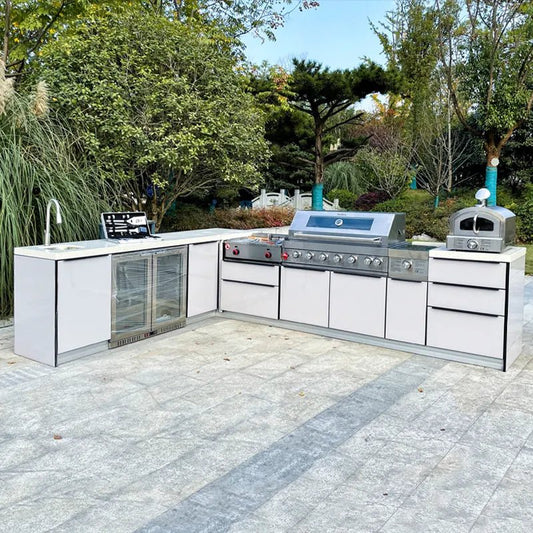 9 ft by 12 ft White Stainless Steel Outdoor Kitchen with 7 burner grill, Griddle, Side Burner, Pizza Oven, Sink and Double Refrigerator