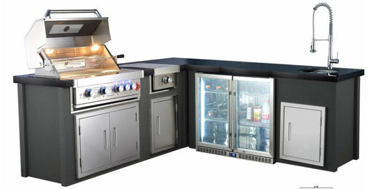 91" x 91" Sunzout Brand L Shape Outdoor Kitchen in Charcoal Grey with 5 Burner Grill, Side Burner, Sink and Double Refrigerator