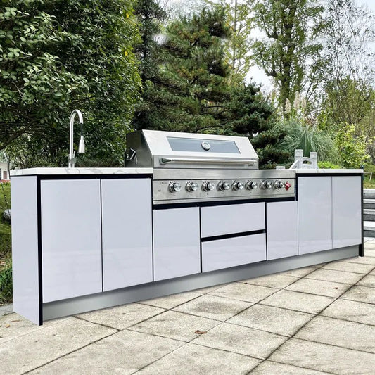 White Stainless Steel Modular Outdoor Kitchen with 7 Burner Grill, Side Burner and Sink